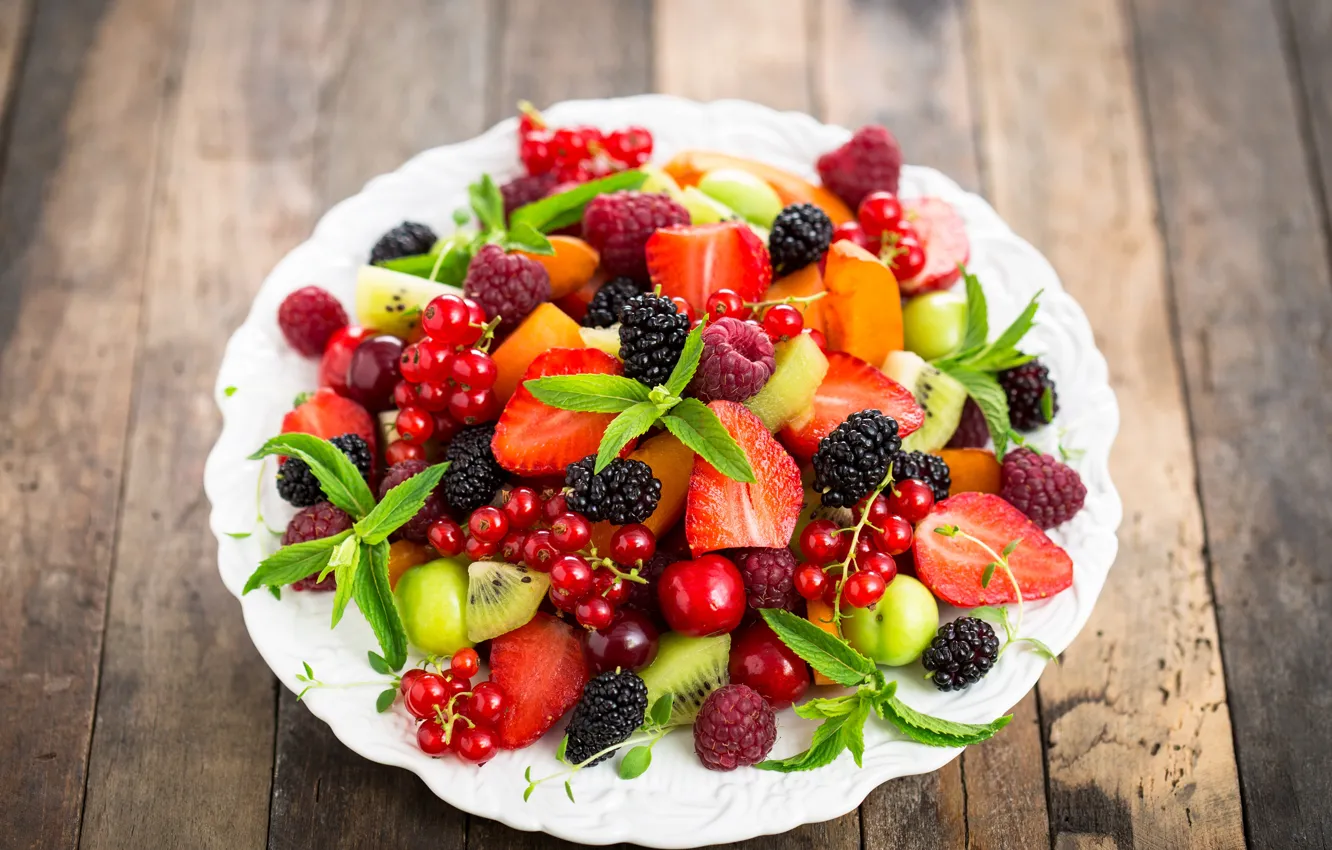 Фото обои вишня, ягоды, малина, киви, клубника, тарелка, fresh, смородина