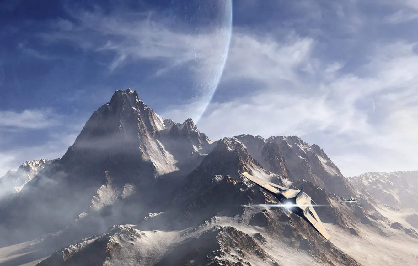 Фото обои снег, полет, горы, самолет, фантастика, вершины, планета, арт