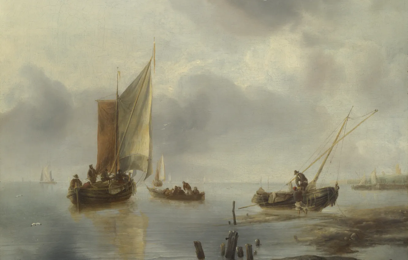 Фото обои картина, парус, Jan van de Cappelle, Ян ван Каппель, Маленькое судно на лёгком ветру
