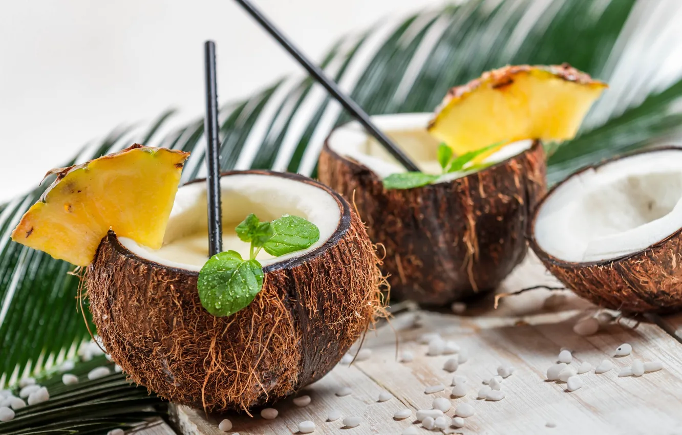 Фото обои кокос, коктейль, ананас, пина колада