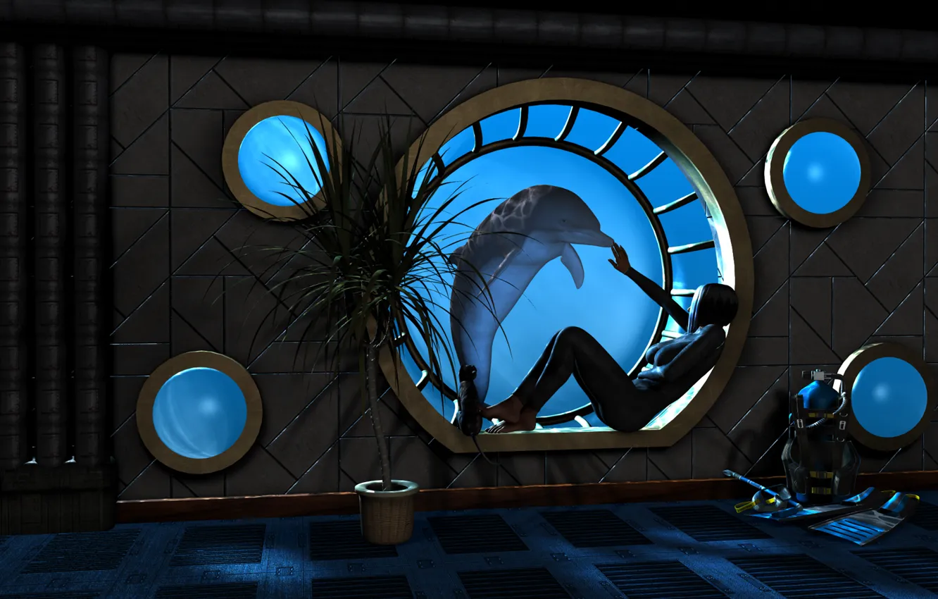 Фото обои вода, девушка, дельфин, пальма, рендеринг, комната, окно, иллюминатор