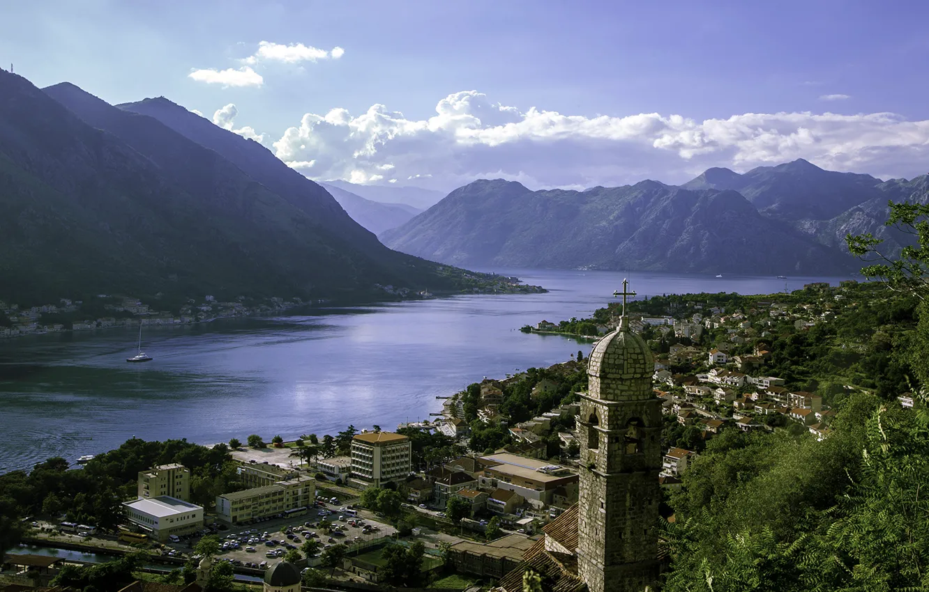 Фото обои горы, панорама, залив, Черногория, Котор, Montenegro, Которский залив, Kotor