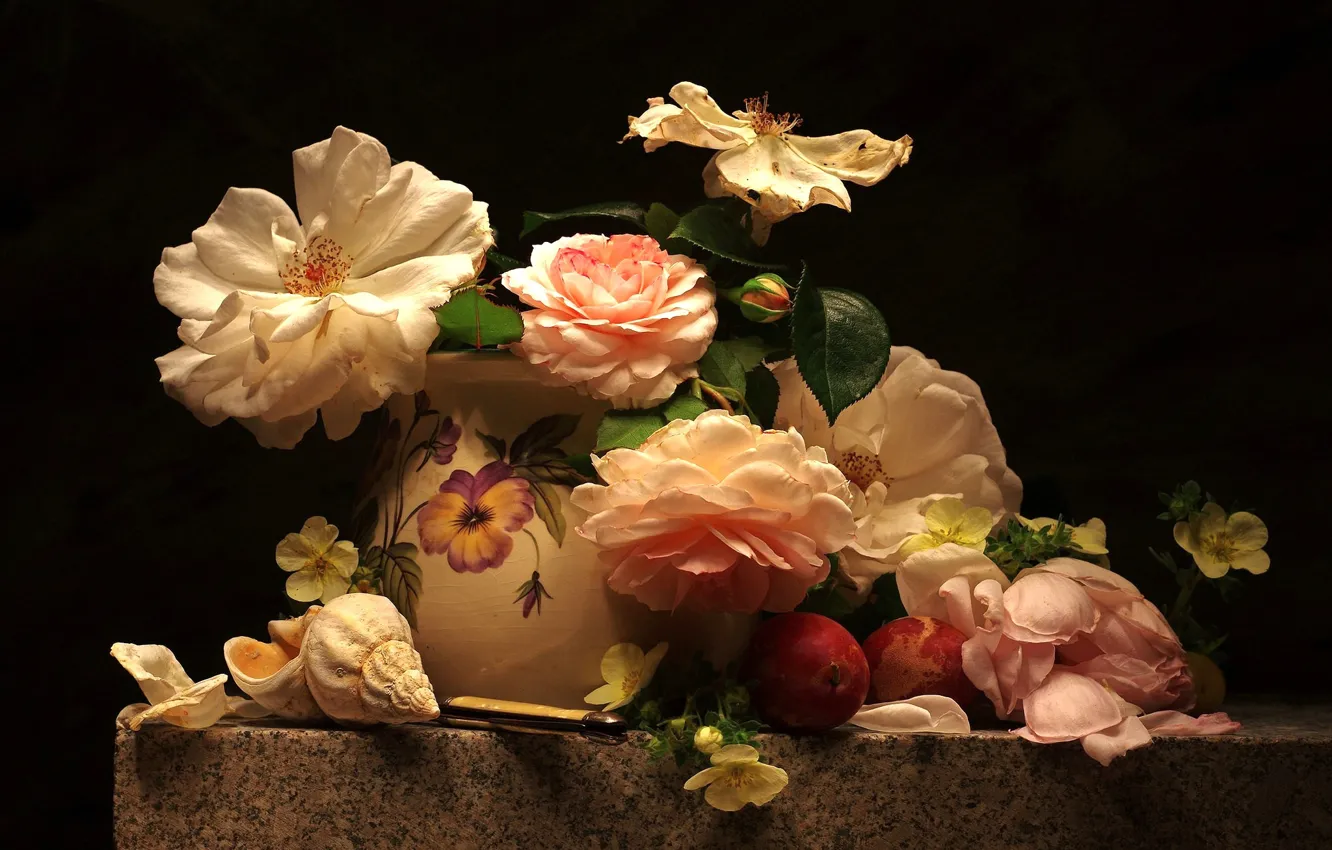 Фото обои розы, ракушки, абрикос, композиция