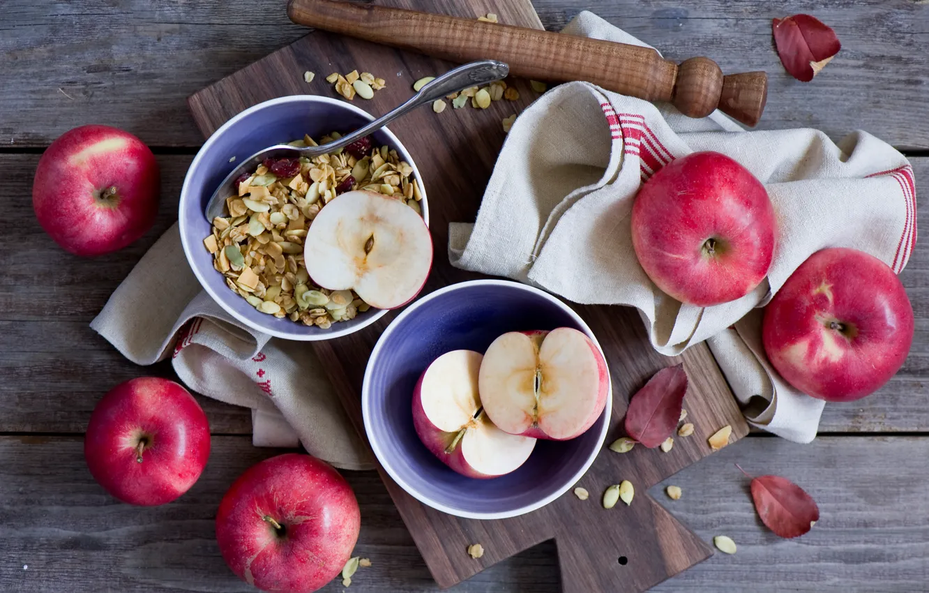 Фото обои яблоки, еда, завтрак, тарелки, фрукты, гранола
