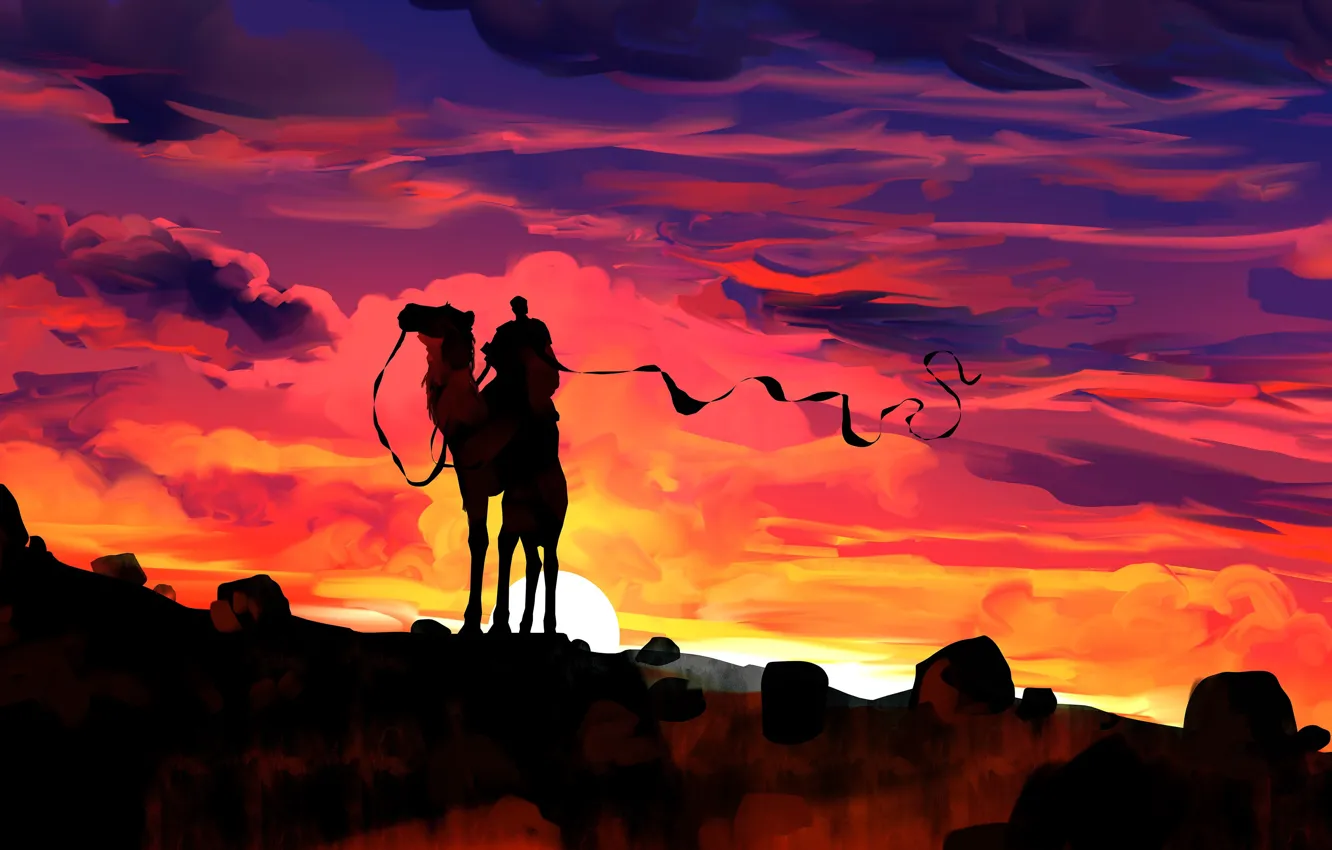 Фото обои закат, силуэт, верблюд