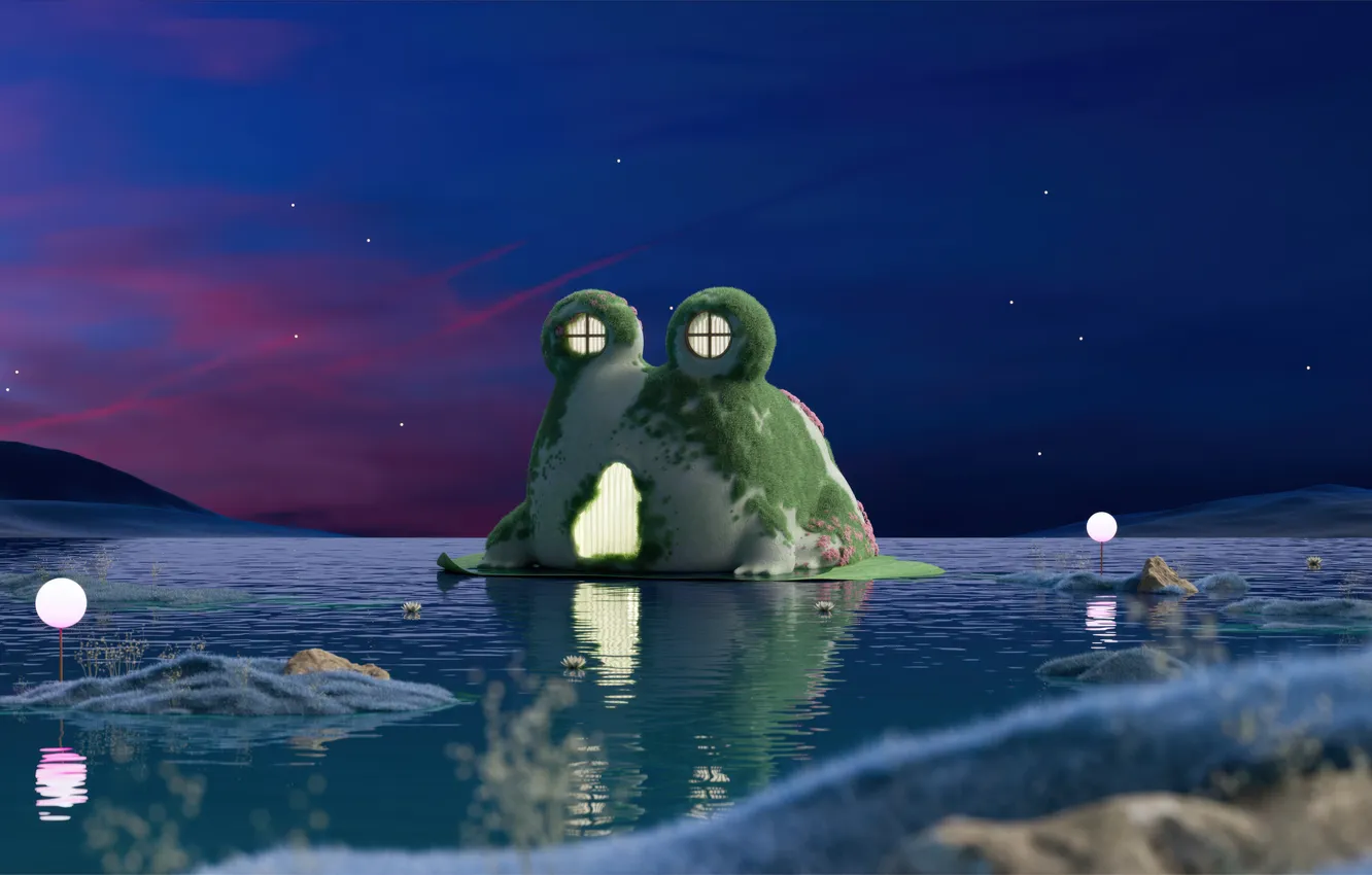 Фото обои Fantasy, Night, Lake, Aesthetic, Starry sky, Dreamlike, Frog house