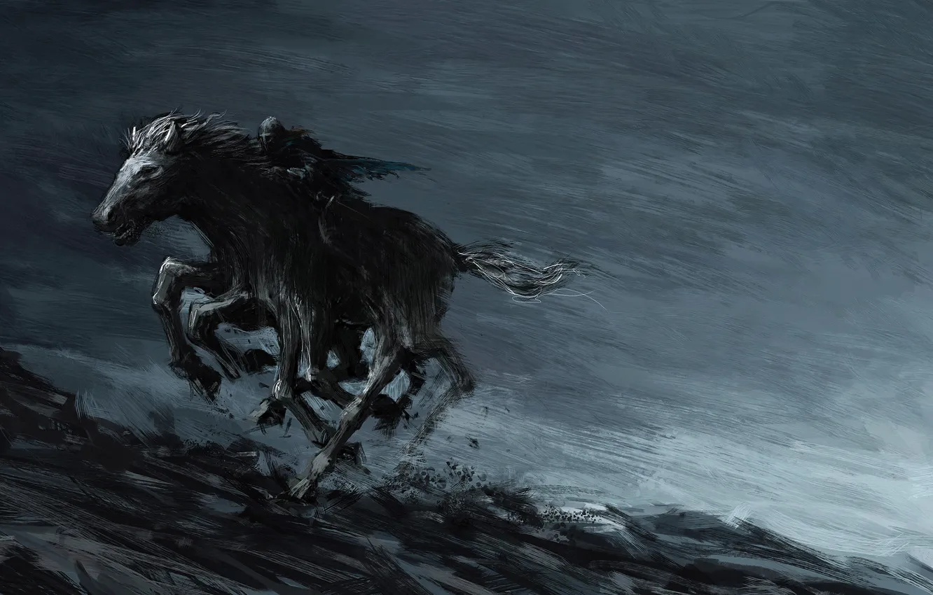 Фото обои скалы, конь, ноги, монстр, арт, бег, всадник, мрачно