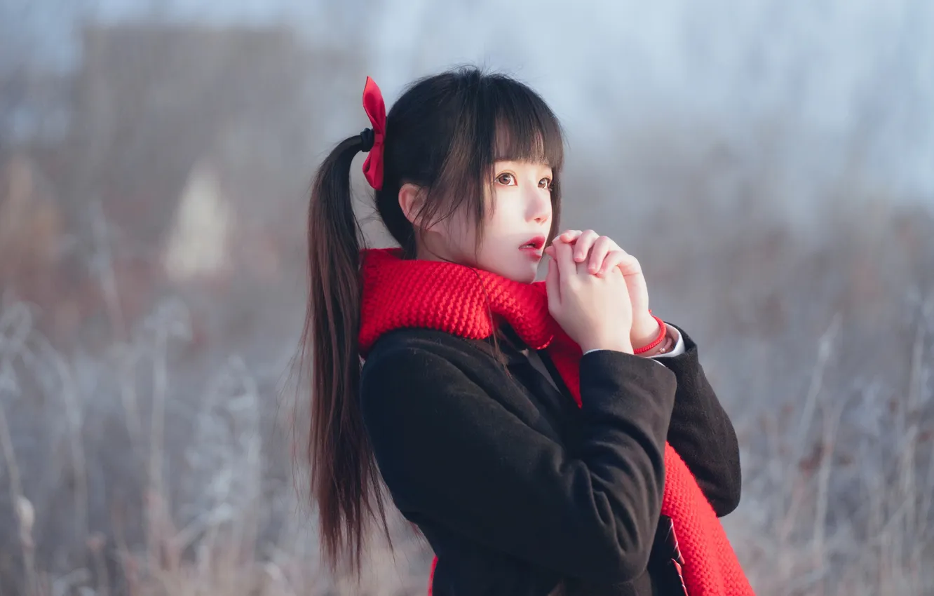 Фото обои Beautiful, Asian, Model, Winter, Snow, Woman, Mist, Cute