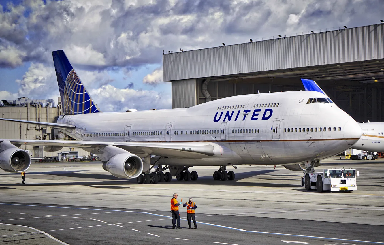 Фото обои небо, Аэропорт, Boeing, Боинг, United, B747, Б747