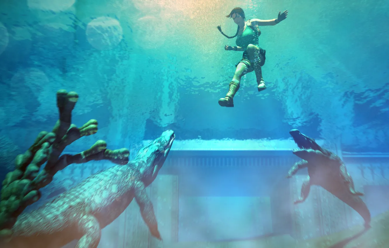 Фото обои вода, пистолет, арт, крокодилы, коса, Tomb Raider, Лара Крофт, Lara Croft