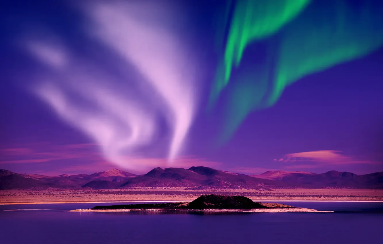 Фото обои фото, Небо, Природа, Ночь, Река, Норвегия, Холмы, Полярное сияние