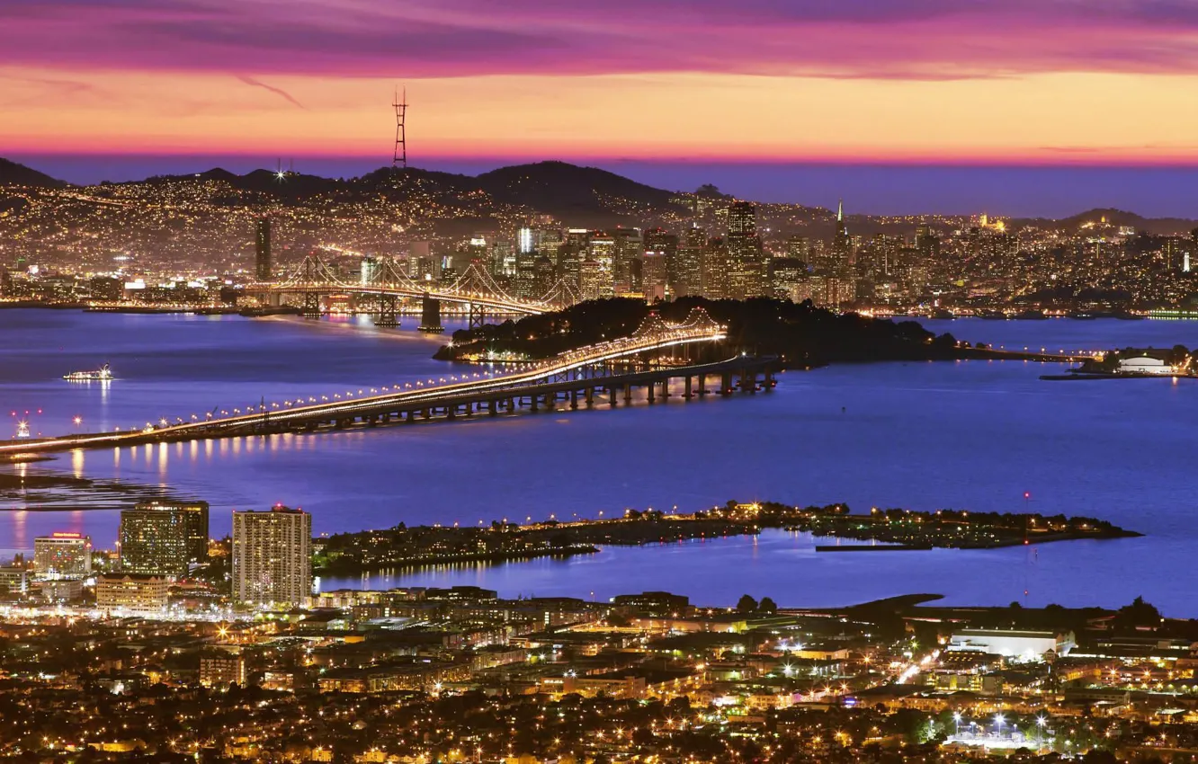 Фото обои Закат, San-Francisco, Oakland_Bay_Bridge, Иллюминация, Twin_Peaks
