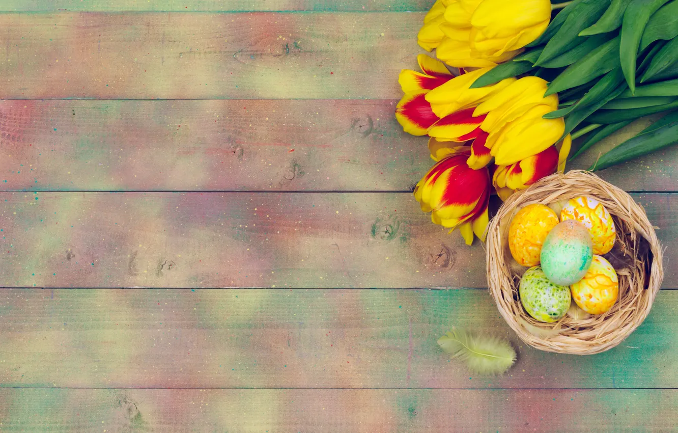 Фото обои цветы, яйца, весна, colorful, Пасха, тюльпаны, happy, yellow