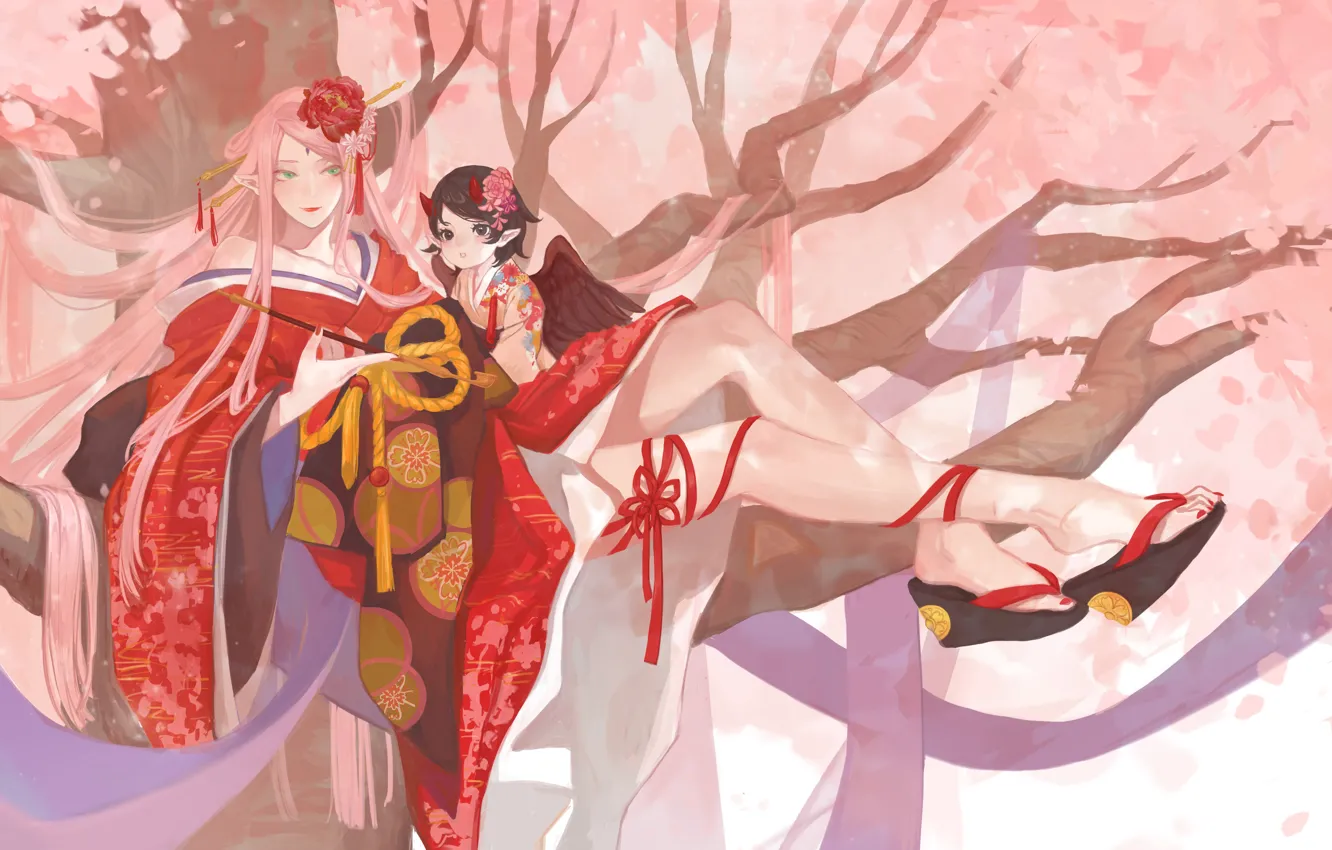 Фото обои сакура, цветение, naruto, art, мифические существа, Sakura Haruno, Sarada Uchiha, by 半透明体