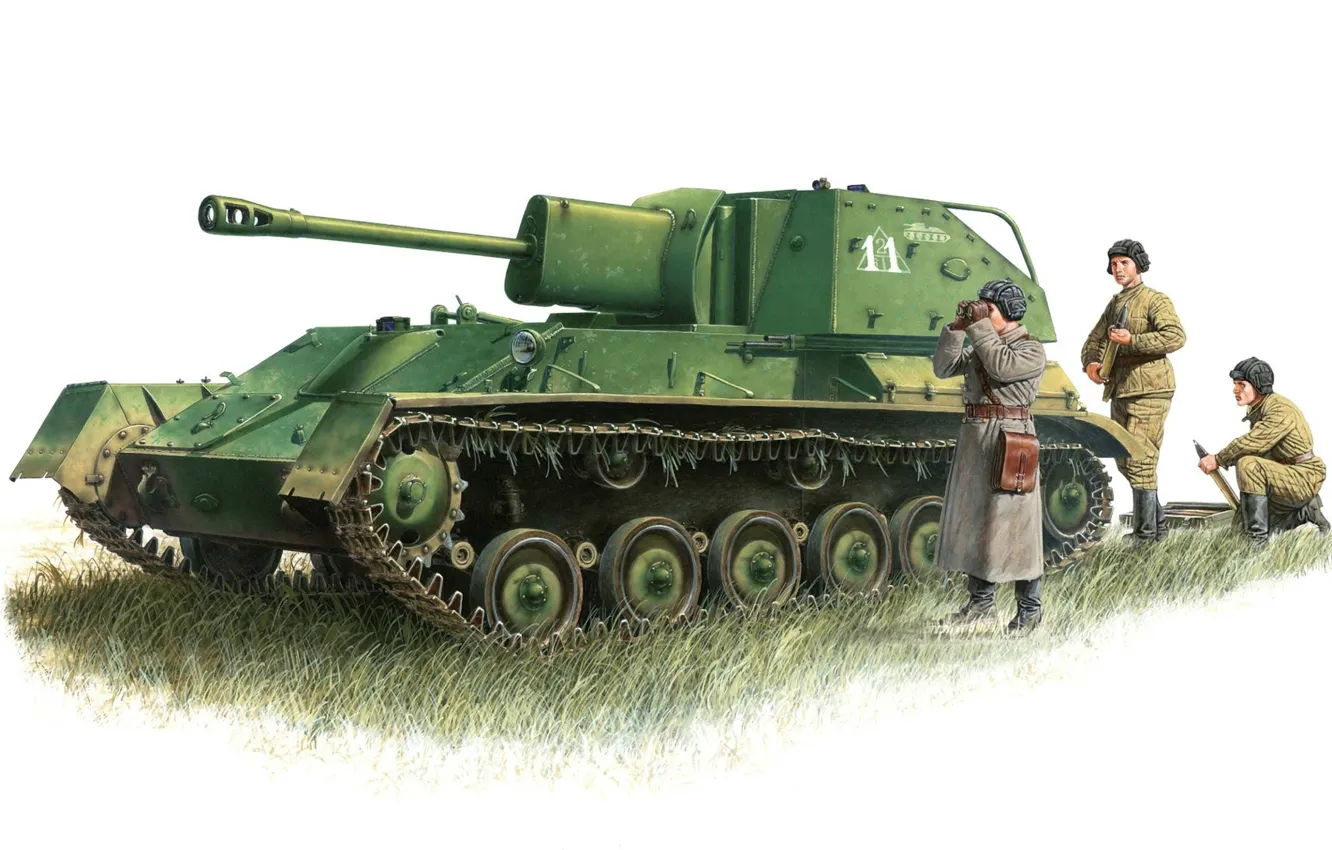 Фото обои рисунок, арт, установка, легкая, артиллерийская, САУ, советская, WW2.