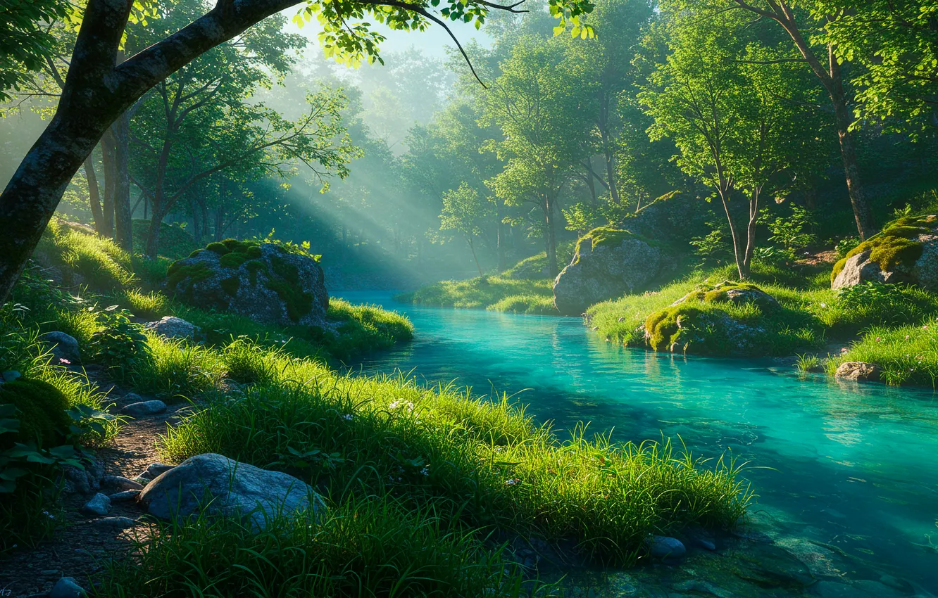 Фото обои лес, трава, вода, деревья, река, камни, grass, forest
