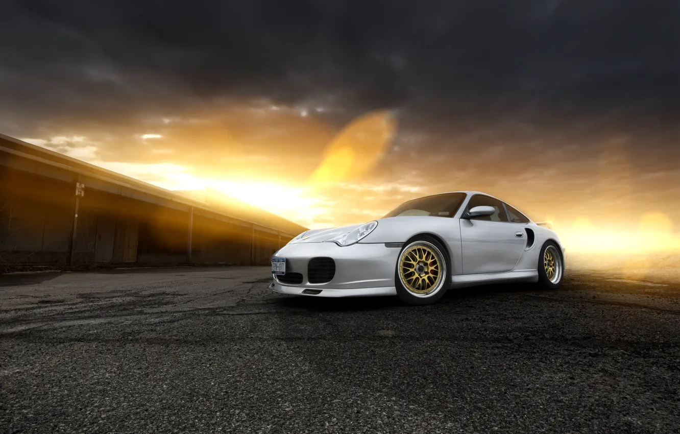Фото обои закат, блики, 911, Porsche, серебристый, порше, front, silvery