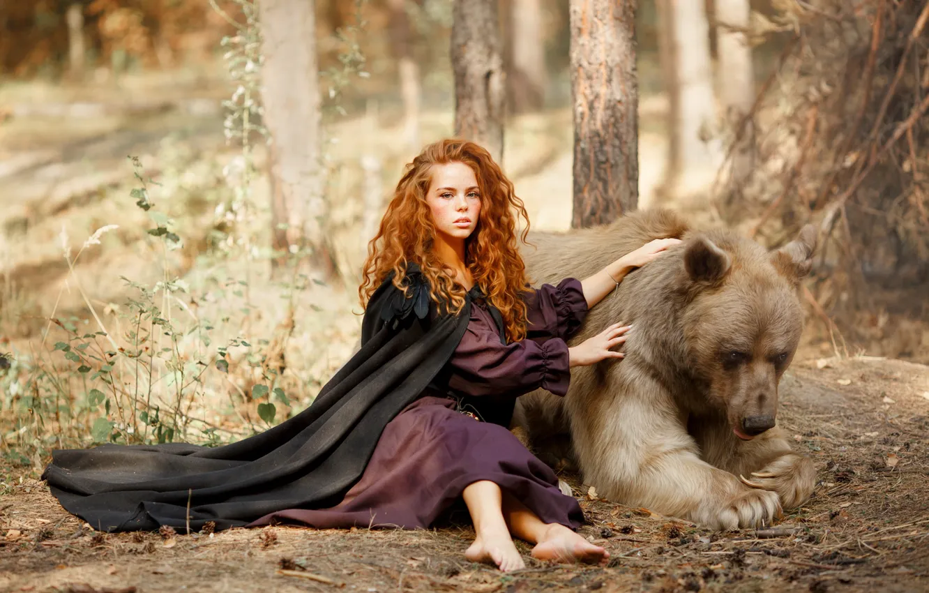 Фото обои взгляд, девушка, поза, медведь, рыжая, кудри, рыжеволосая, топтыгин