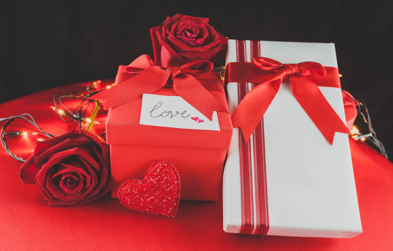 Фото обои лента, red, love, romantic, hearts, valentine's day, gift, roses