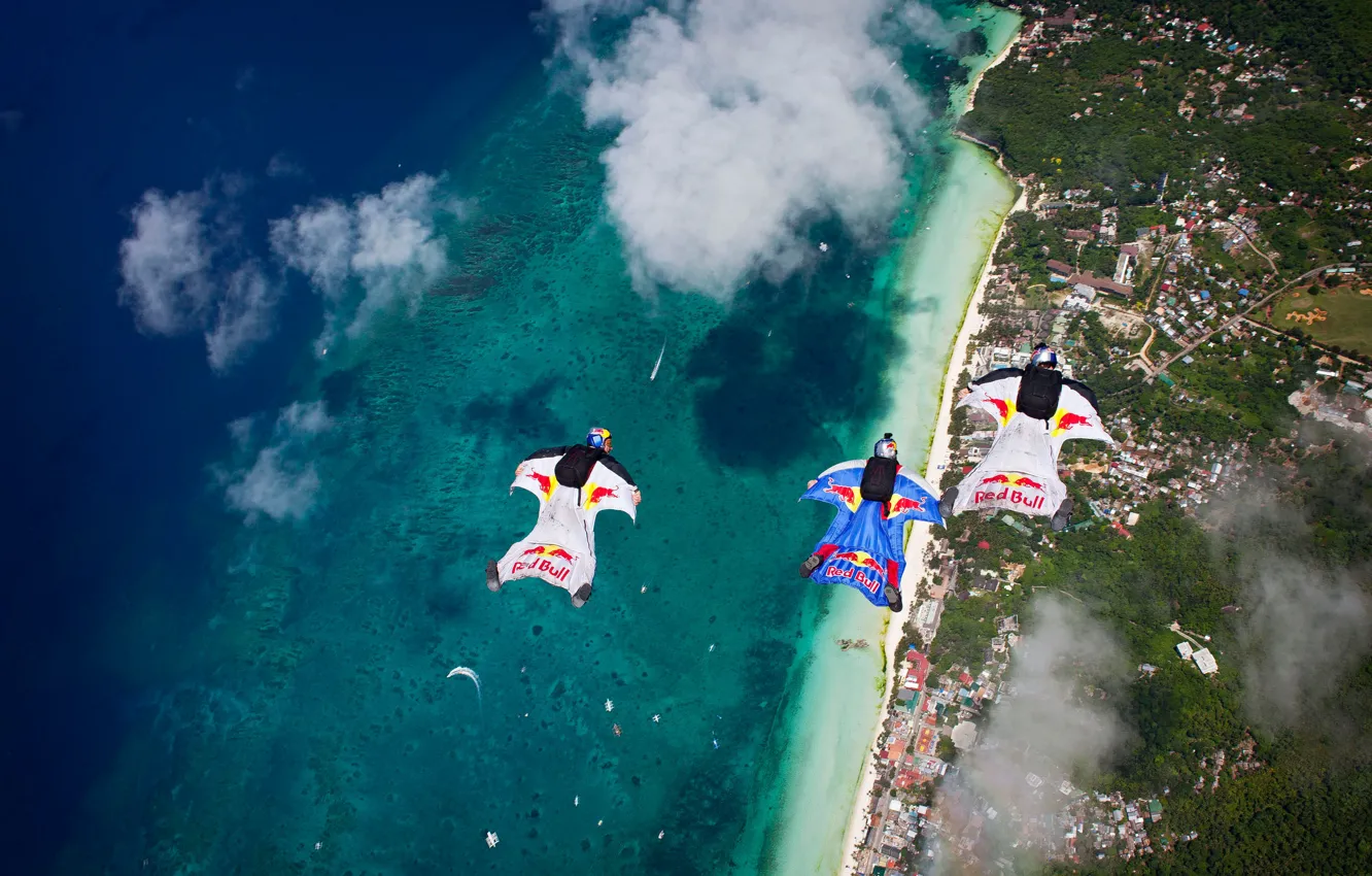 Фото обои Океан, Побережье, Red Bull, Парашют, LifeStyle, Extreme Sport, Wingsuit