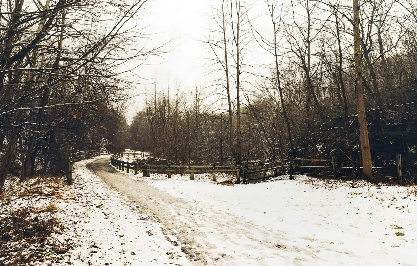 Фото обои зима, дорога, пейзаж, забор