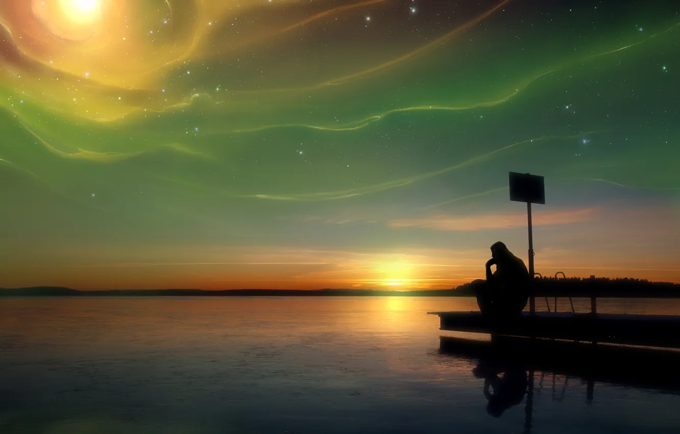 Фото обои закат, задумчивость, озеро, сияние, человек, by Robin De Blanche, Natural Dimension