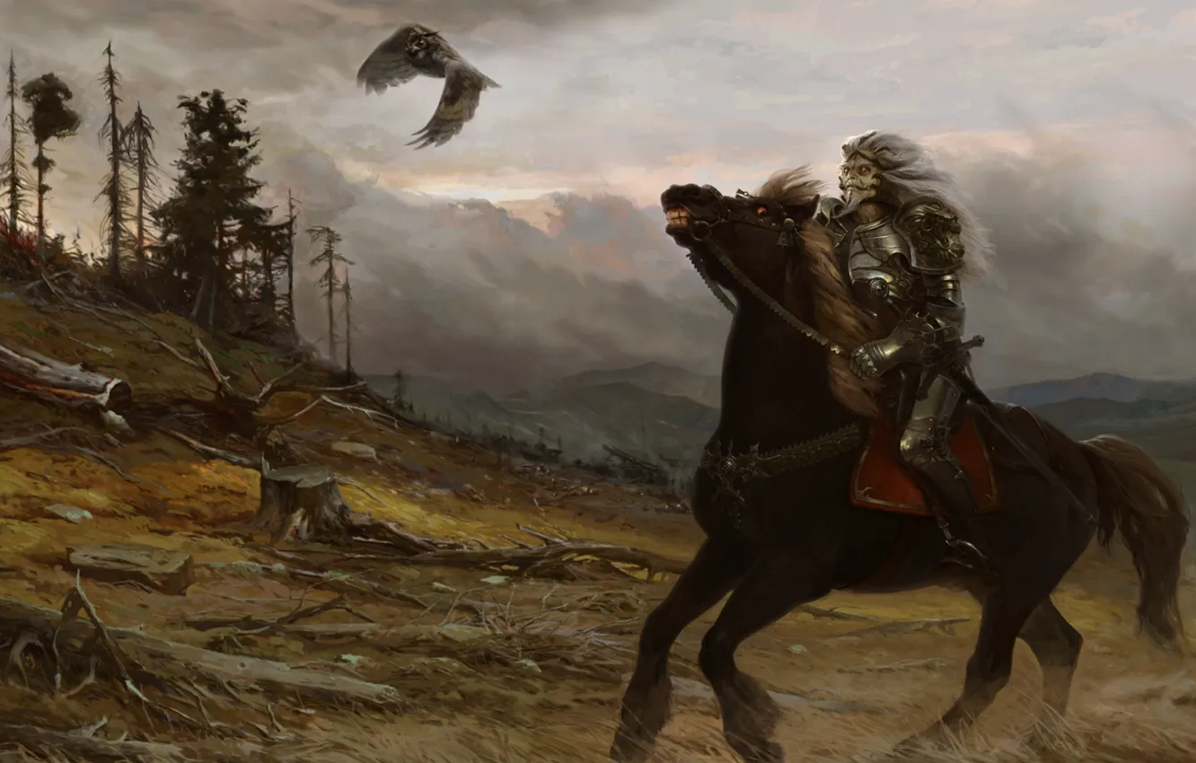 Фото обои горы, птица, злодей, всадник, Yuriy Mazurkin, Koschei Immortal