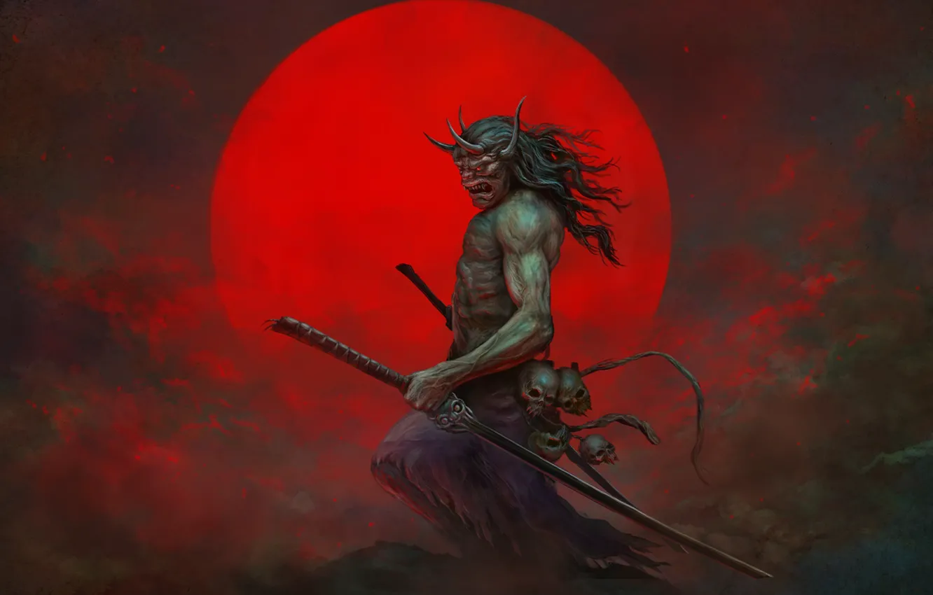 Фото обои меч, демон, самурай, красный фон
