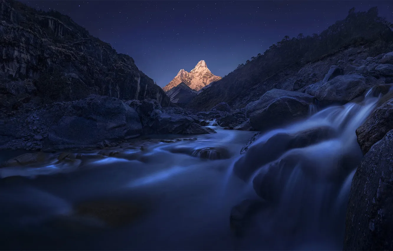 Фото обои Moon, Sky, Landscape, Mountain, Night, Nepal, Himalayas