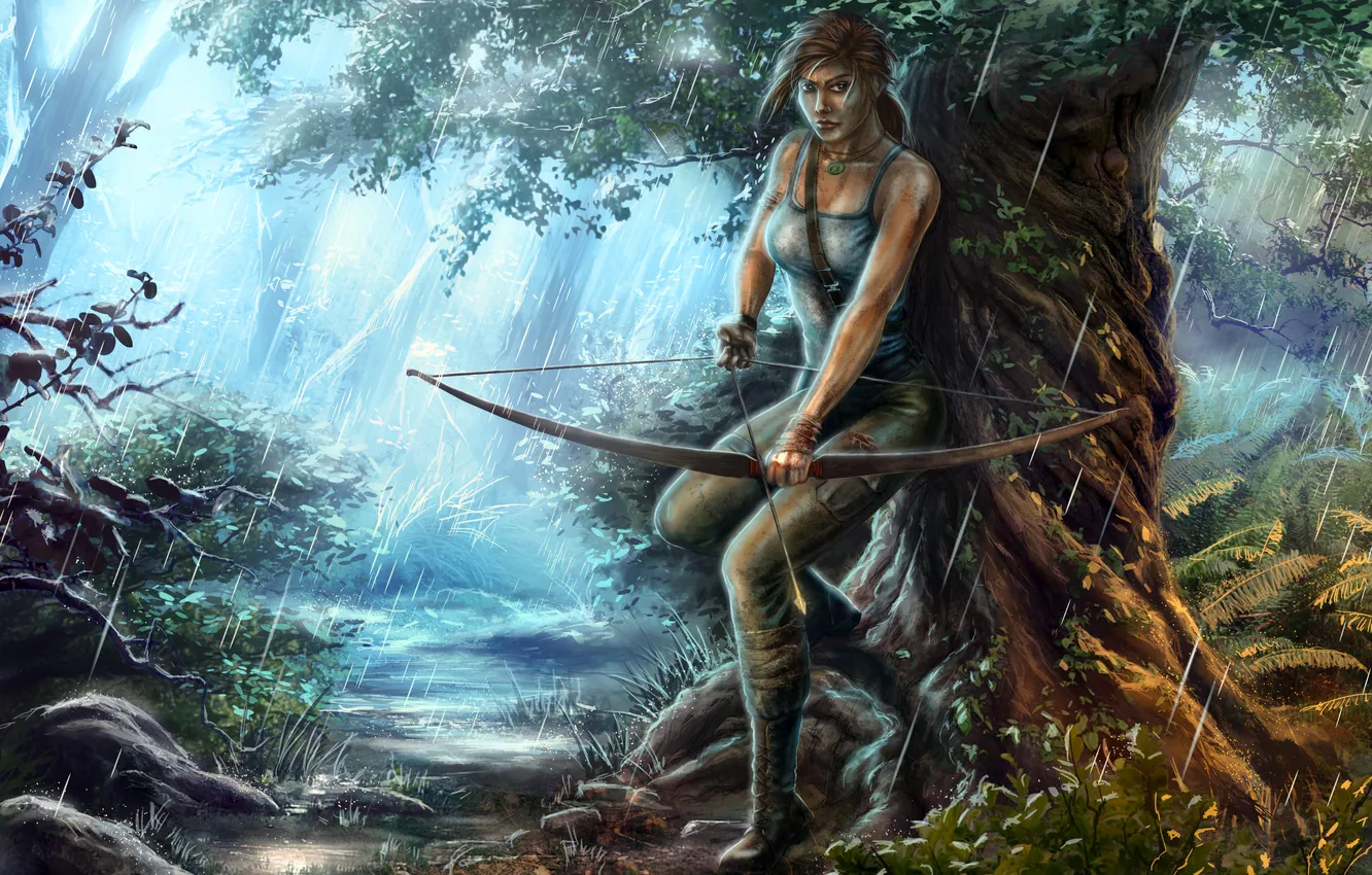 Фото обои лес, дождь, лук, Tomb Raider, Лара Крофт, Lara Croft
