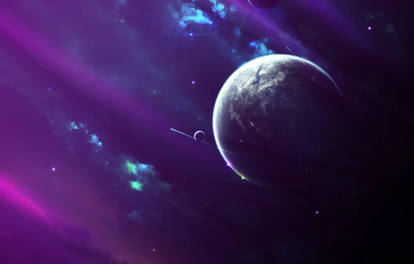 Фото обои звезды, туманность, планета, nebula, spaceships, cпутники