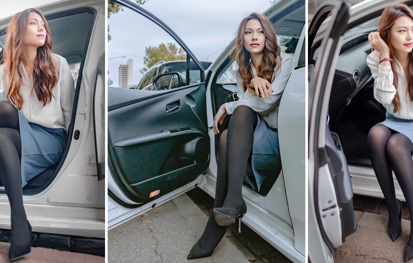 Фото обои car, woman, pantyhose, tights, driver