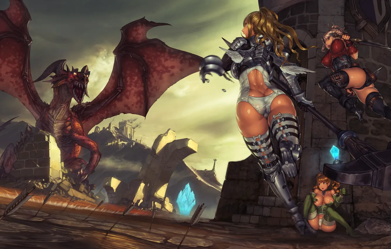 Фото обои sword, fantasy, Dragon, armor, girls, fight, ruins, battle