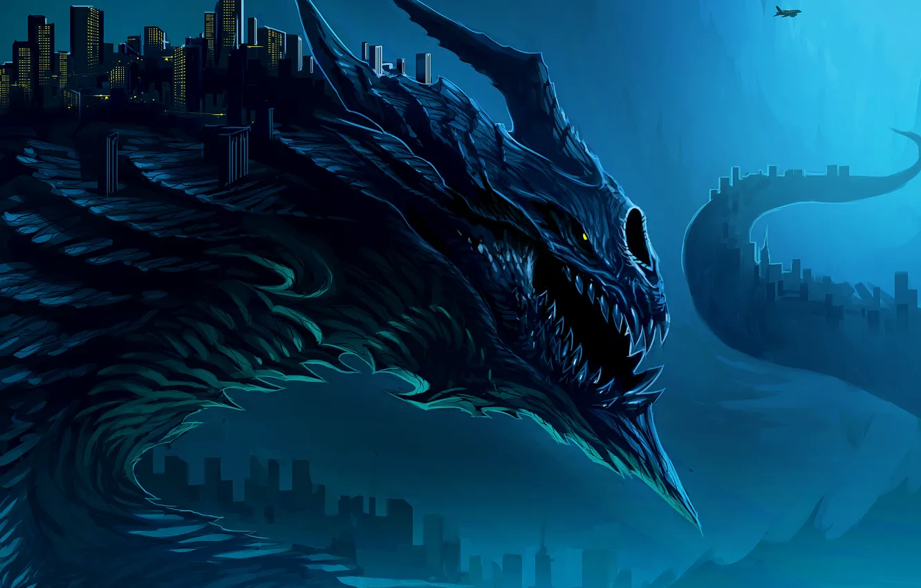 Фото обои город, фантастика, дракон, art