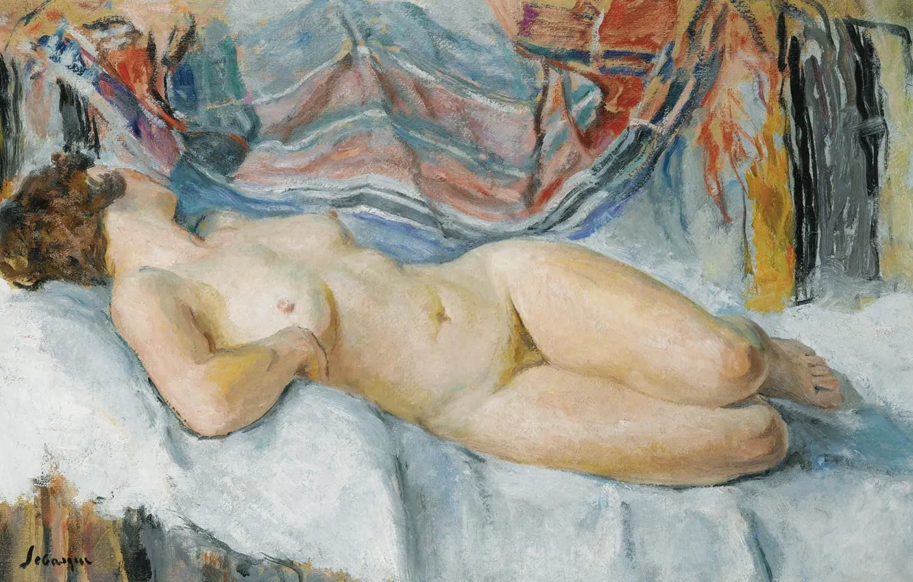 Фото обои эротика, картина, Henri Lebasque, Анри Лебаск, Обнаженная на Кровати