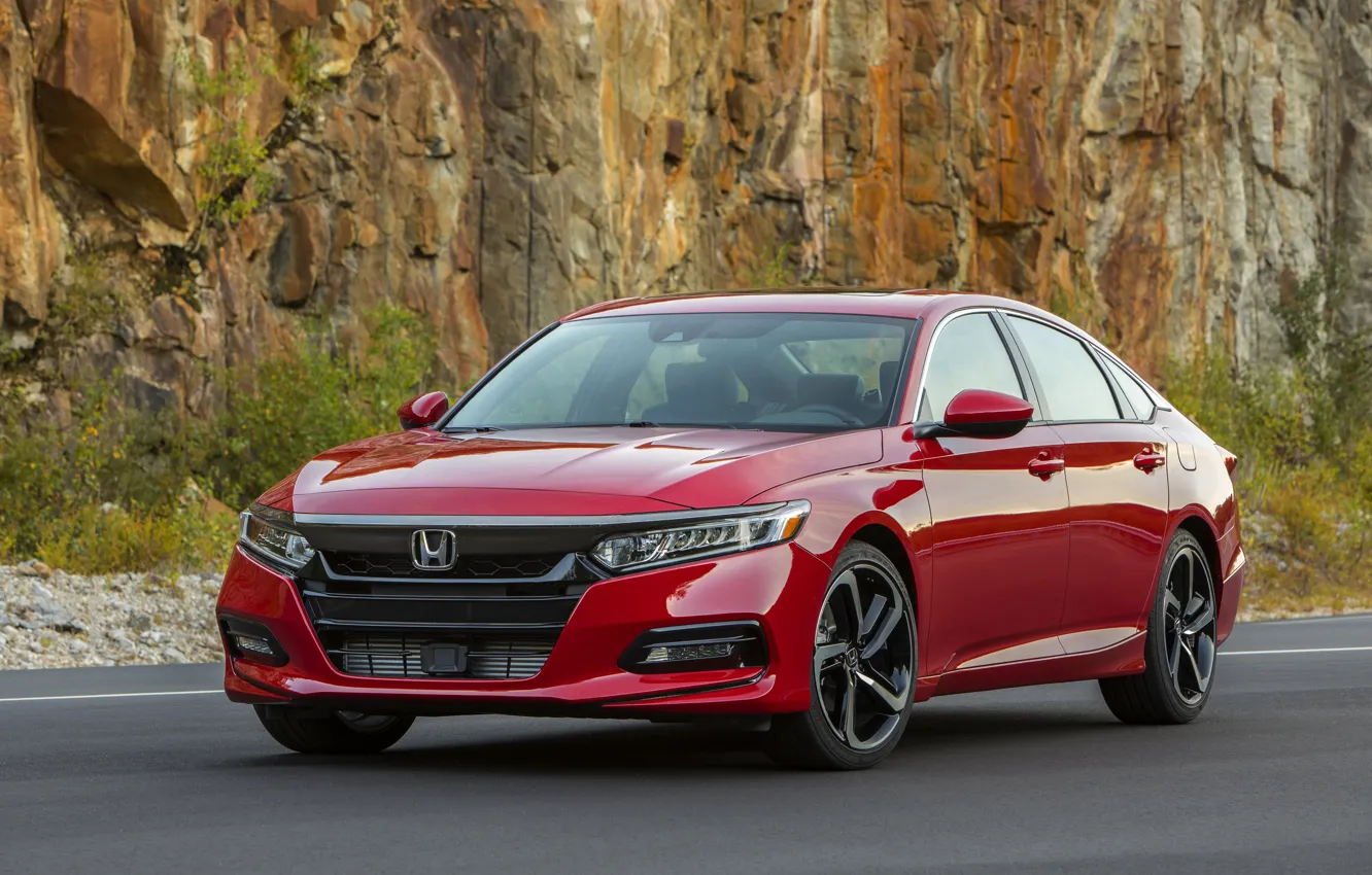 Фото обои красный, скала, Honda, Accord, седан, 2018, четырёхдверный, 2.0T Sport