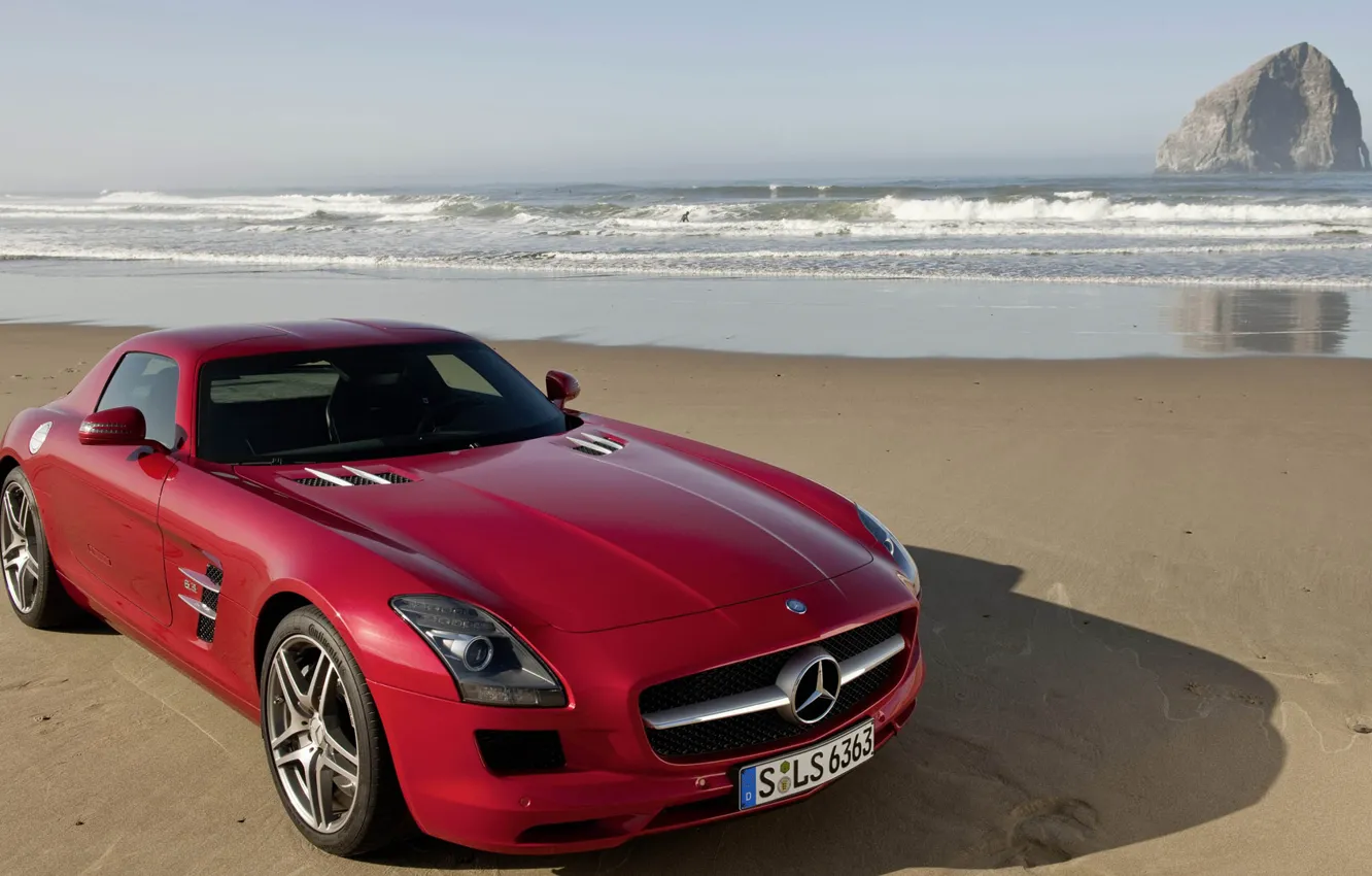 Фото обои море, берег, Mercedes-Benz, SLS, Mercedes-Benz SLS AMG