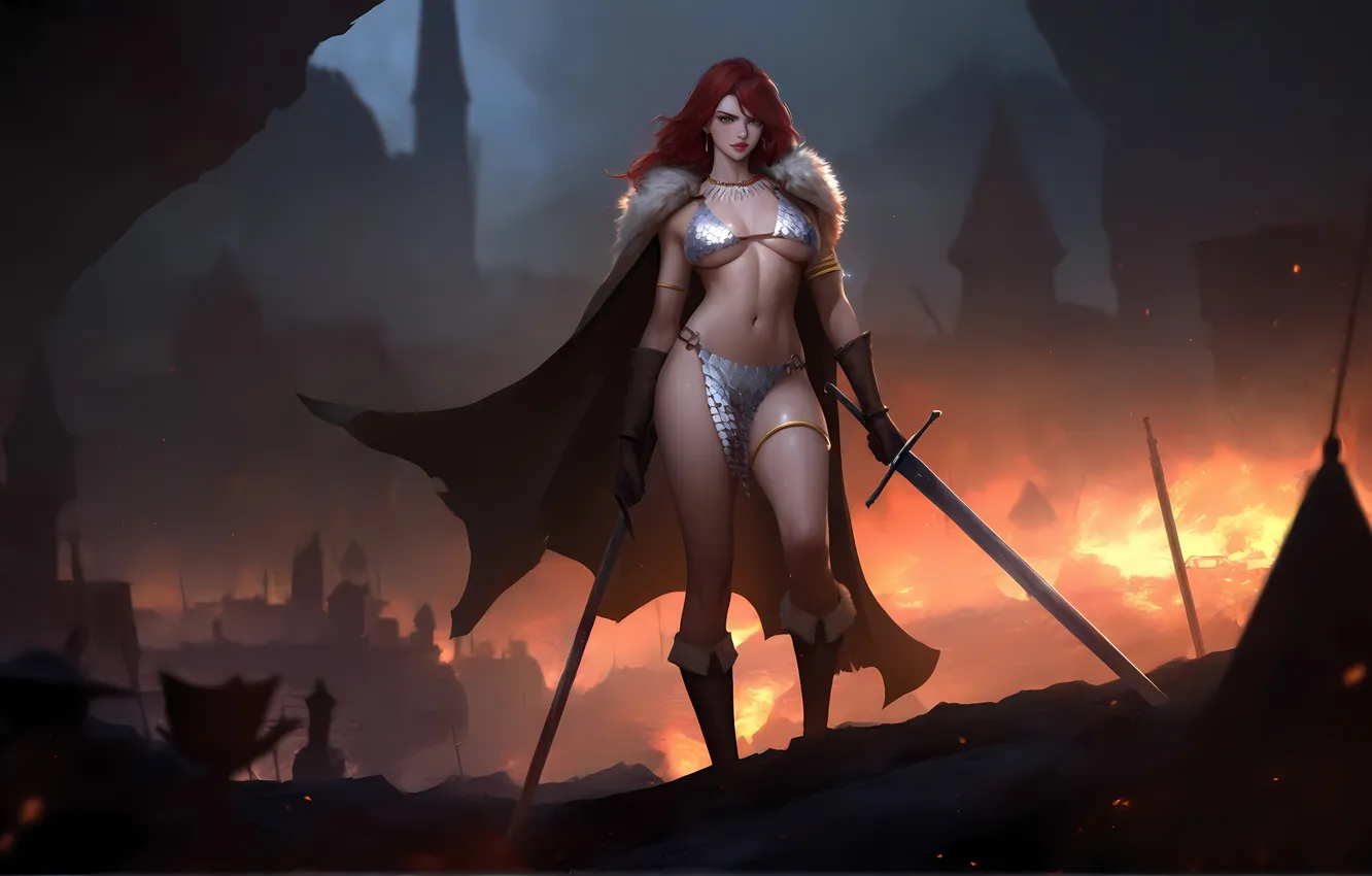 Фото обои fire, girl, sword, fantasy, cleavage, redhead, battle, digital art