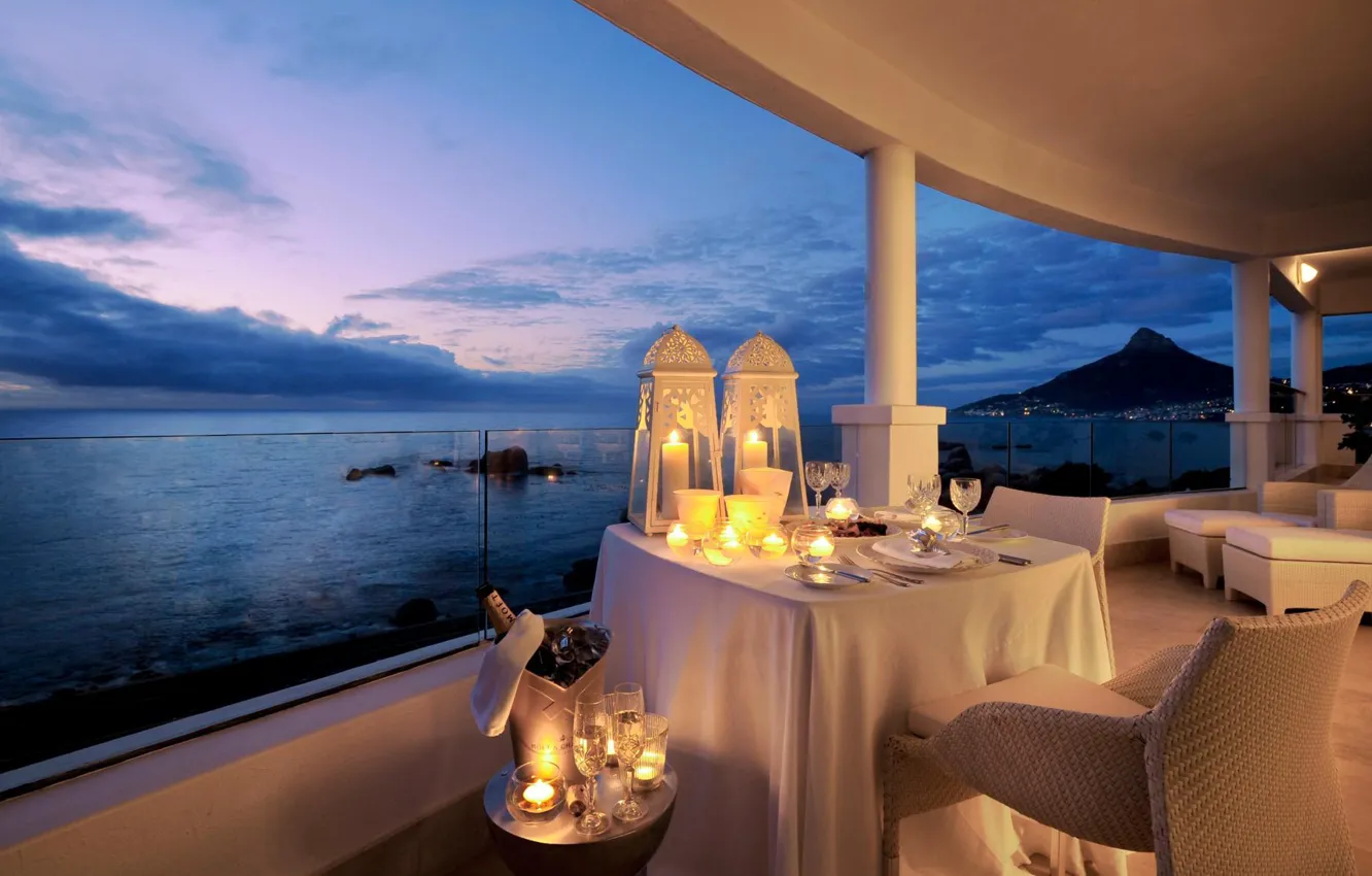 Фото обои настроение, океан, вино, вечер, свечи, ужин