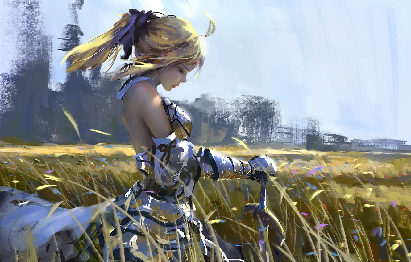 Фото обои девушка, природа, доспехи, saber lily, wlop, fate/unlimited codes, artoria pendragon
