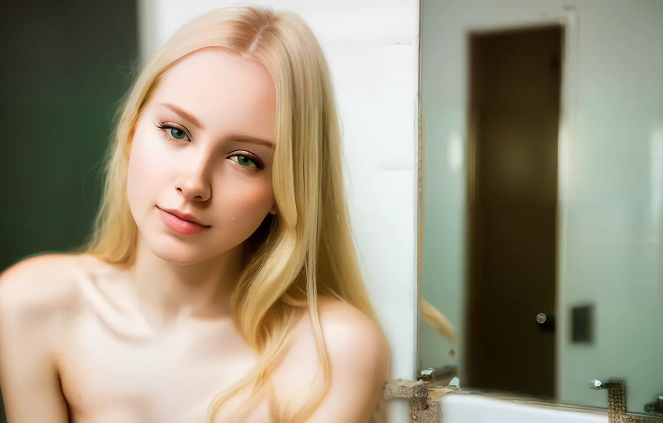 Фото обои eyes, women, face, blonde, digital art, bathroom, mirror, mouth