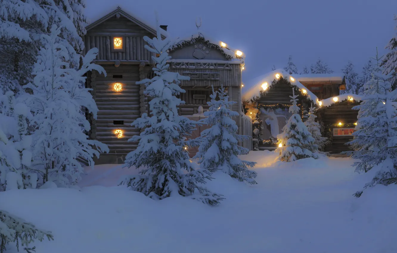 Фото обои зима, снег, деревья, ночь, город, дом, фото, Финляндия
