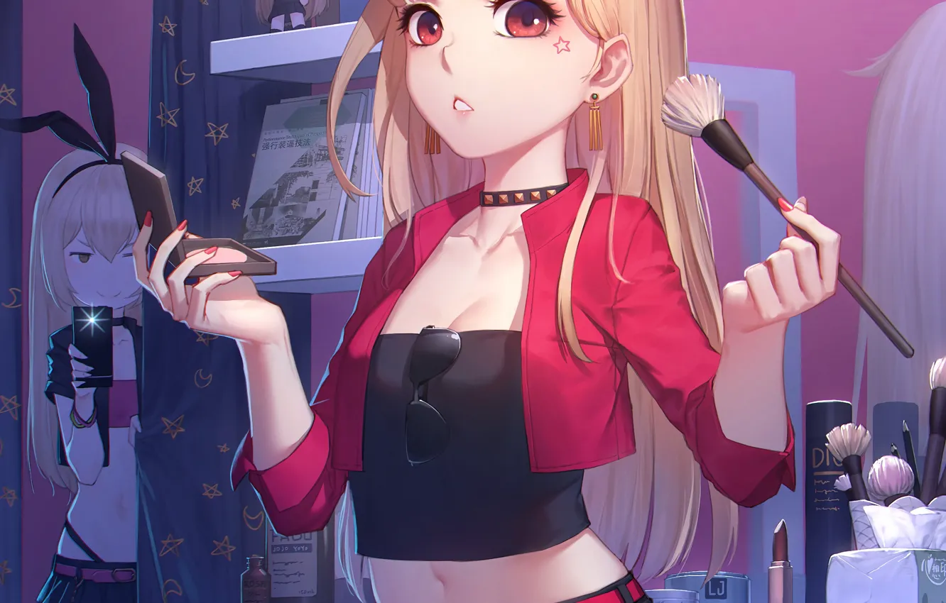 Фото обои girl, sexy, cleavage, shorts, blouse, long hair, boobs, anime