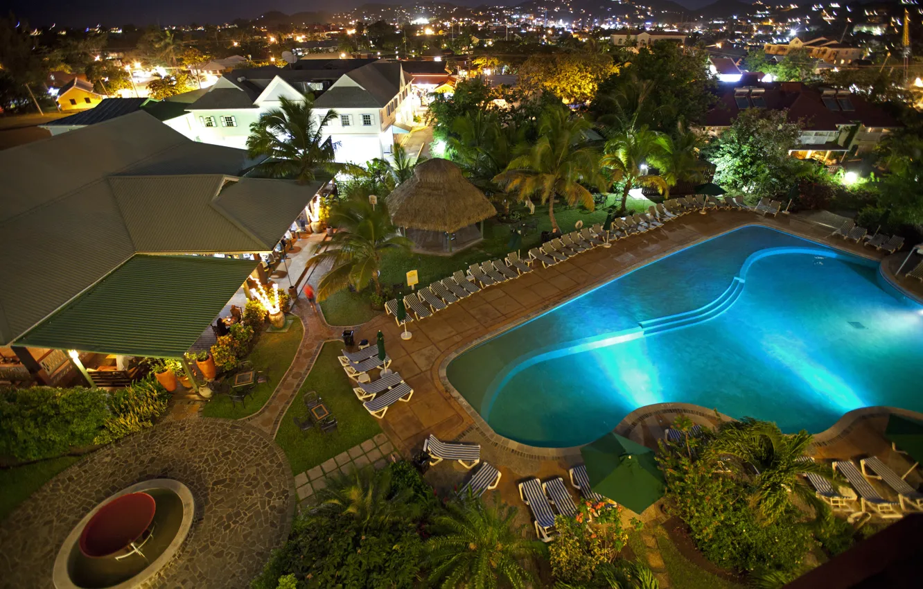 Фото обои город, дома, вечер, бассейн, отель, Карибы, Caribbean, Saint Lucia