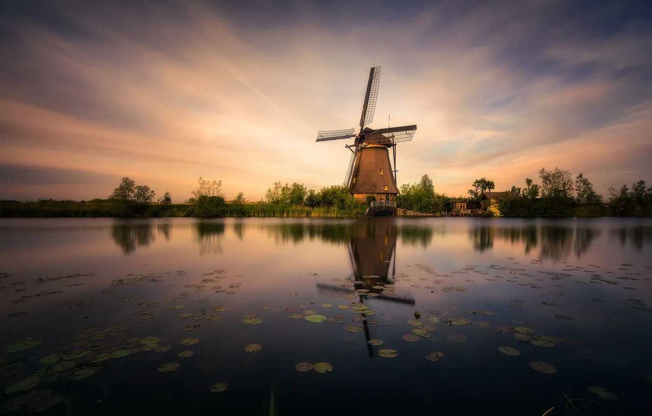 Фото обои канал, Нидерланды, ветряная мельница, Киндердейк