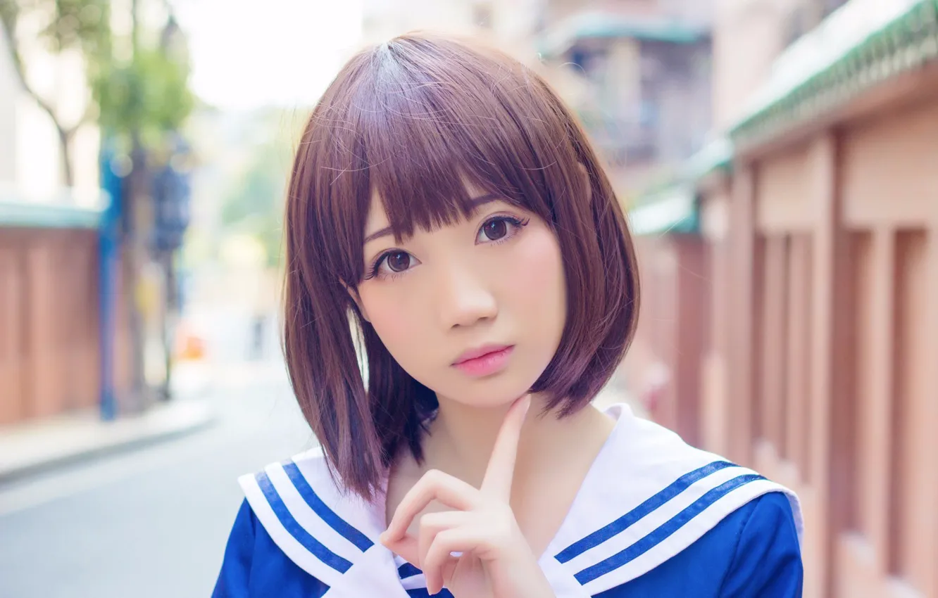 Фото обои размытый фон, очарование, asian girl, charm, короткая прическа, young beauty, юная красавица, азиатская девушка