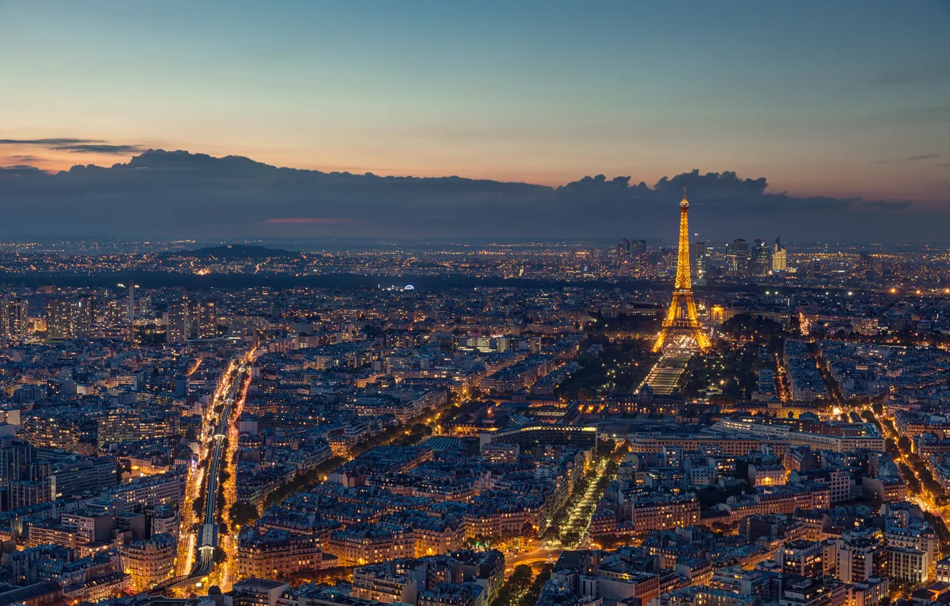 Фото обои Франция, Париж, вечер, Эйфелева башня, Paris, France, Eiffel Tower, панорамма