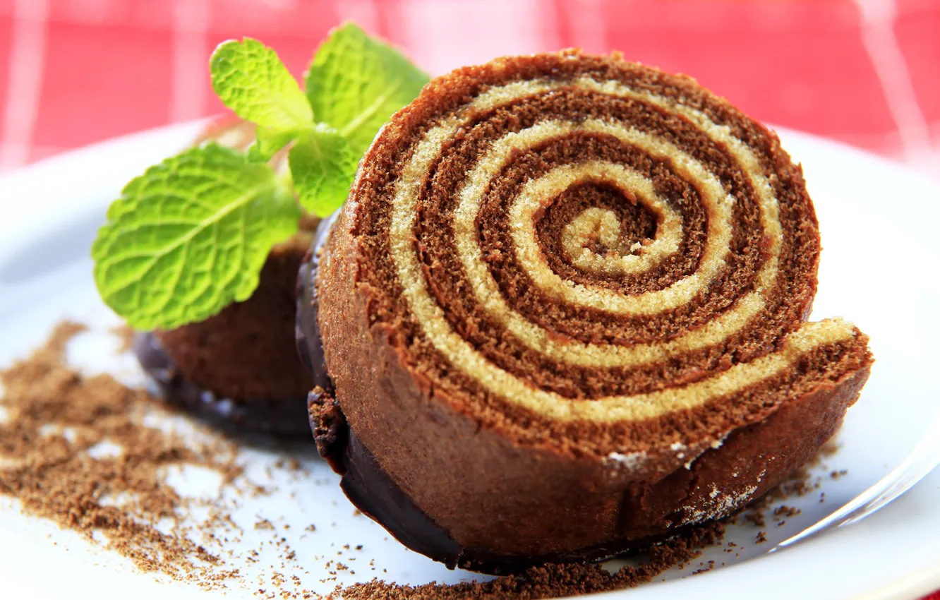 Фото обои шоколад, cake, мята, сладкое, sweets, бисквит, рулет, baking