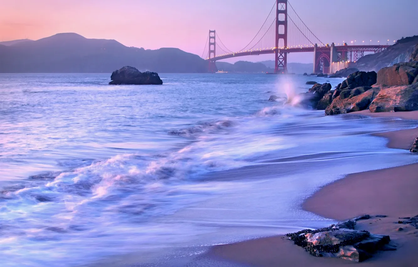 Фото обои пейзаж, мост, пролив, камни, сиреневый, берег, вечер, Калифорния