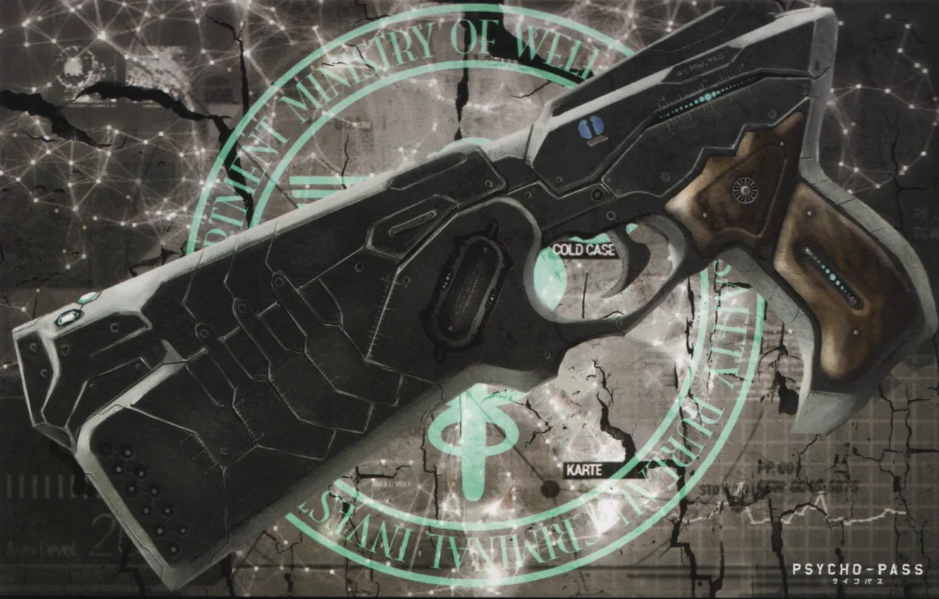 Фото обои трещины, пистолет, эмблема, art, psycho-pass, психо-паспорт, супер-оружие, kyoji asano